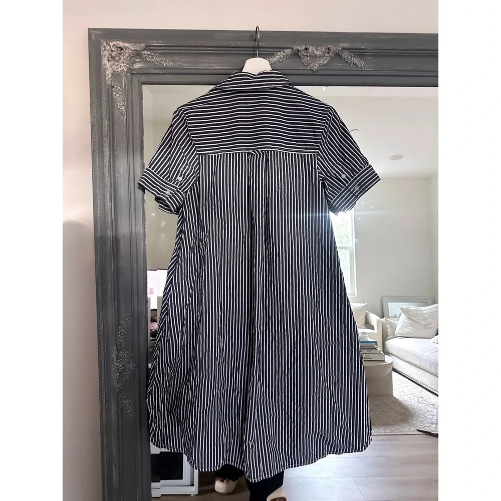 Everlane Daytripper Navy White Striped Cotton Shirt Dress High-Low Lagenlook XS - Picture 9 of 12